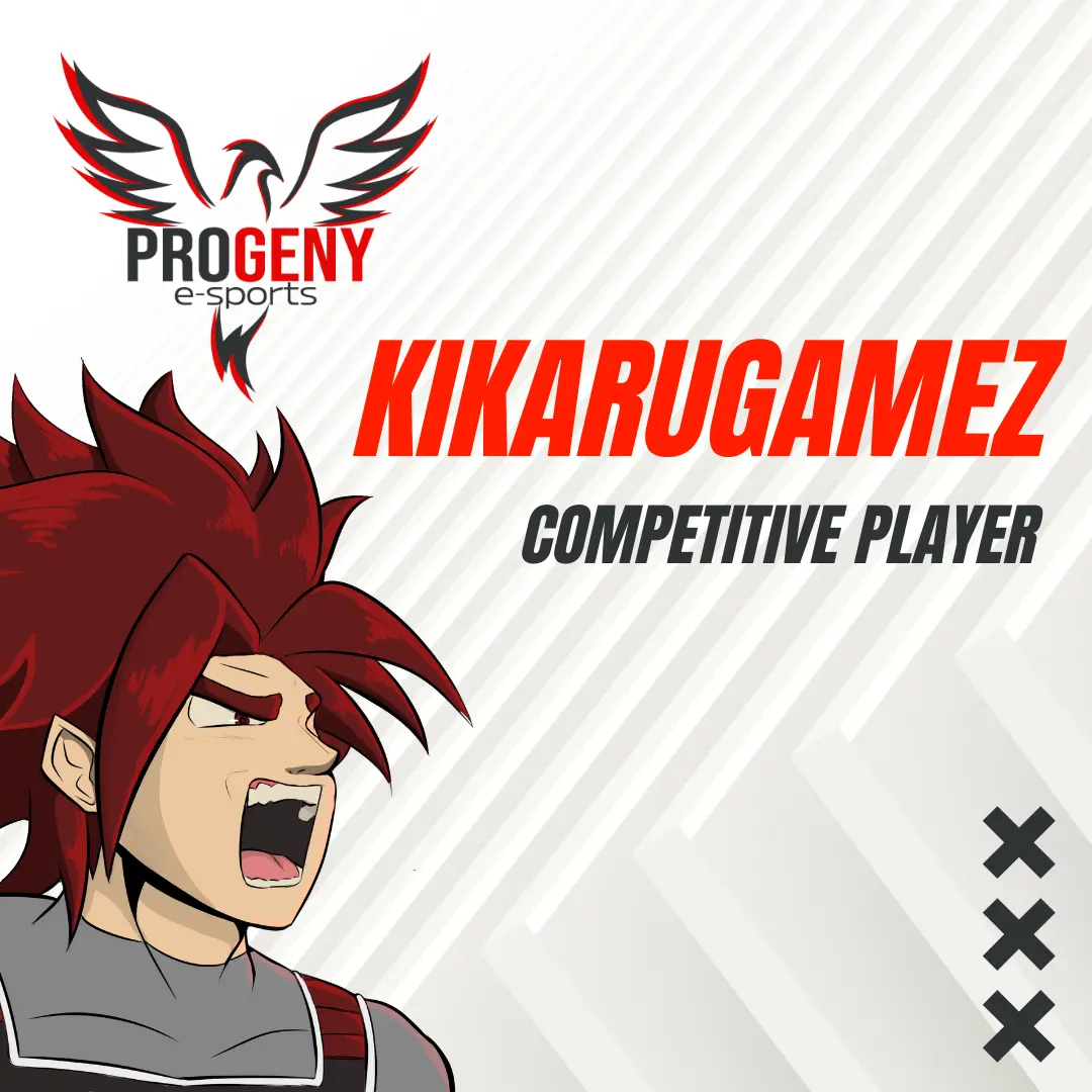 Picture of Kikaru with the Progeny Logo, text on the image says Kikaru is a Competitive Player