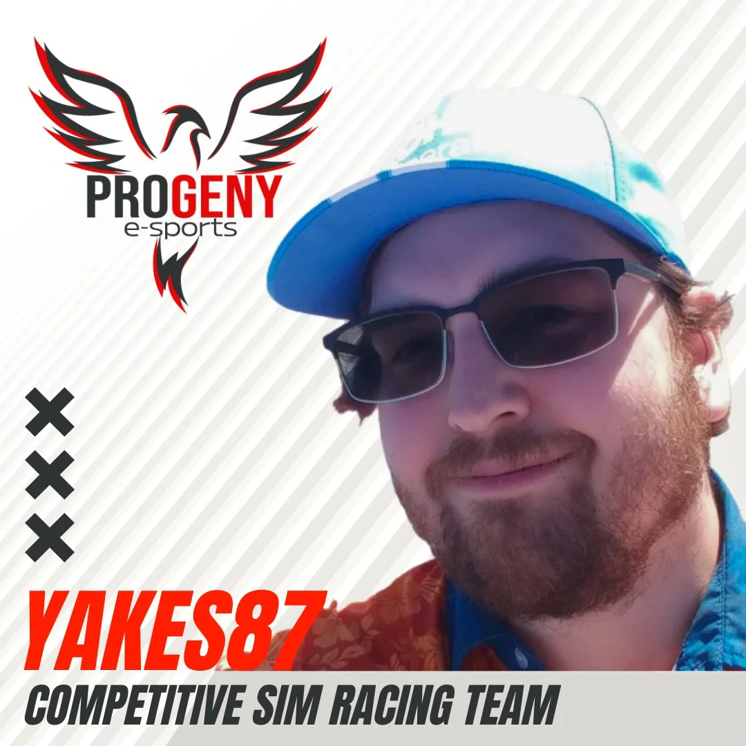 Picture of Yakes with the Progeny Logo, text on the image says Yakes is part of the Competitive Sim Racing Team